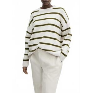 Mango Round-Neck Striped Sweater Marini Khaki Green NWT 1XL